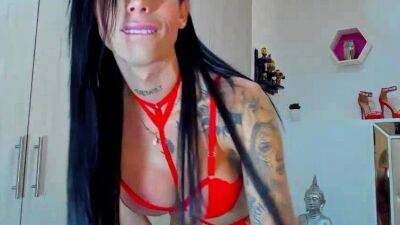 Sexy Hot Tattoed Tgirl in red lingerie in a Webcam Show - drtvid.com