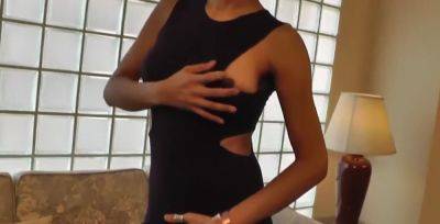 Short-haired Ladyboy in Black Dress Strips on So - hotmovs.com