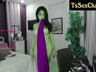 pretty tranny and green flesh teasing on cam - ashemaletube.com